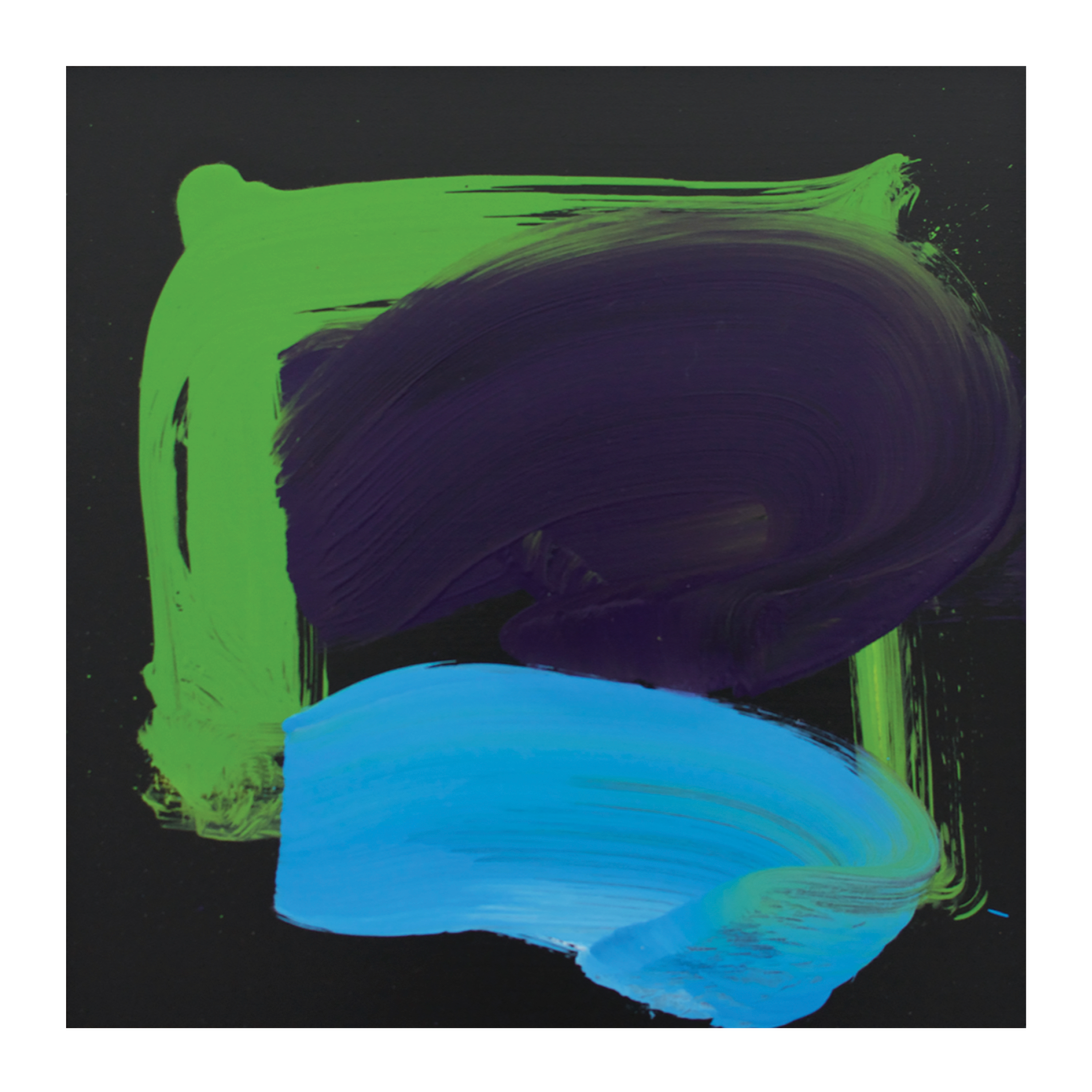 Abstract art with green, purple, and blue brush strokes on a black background