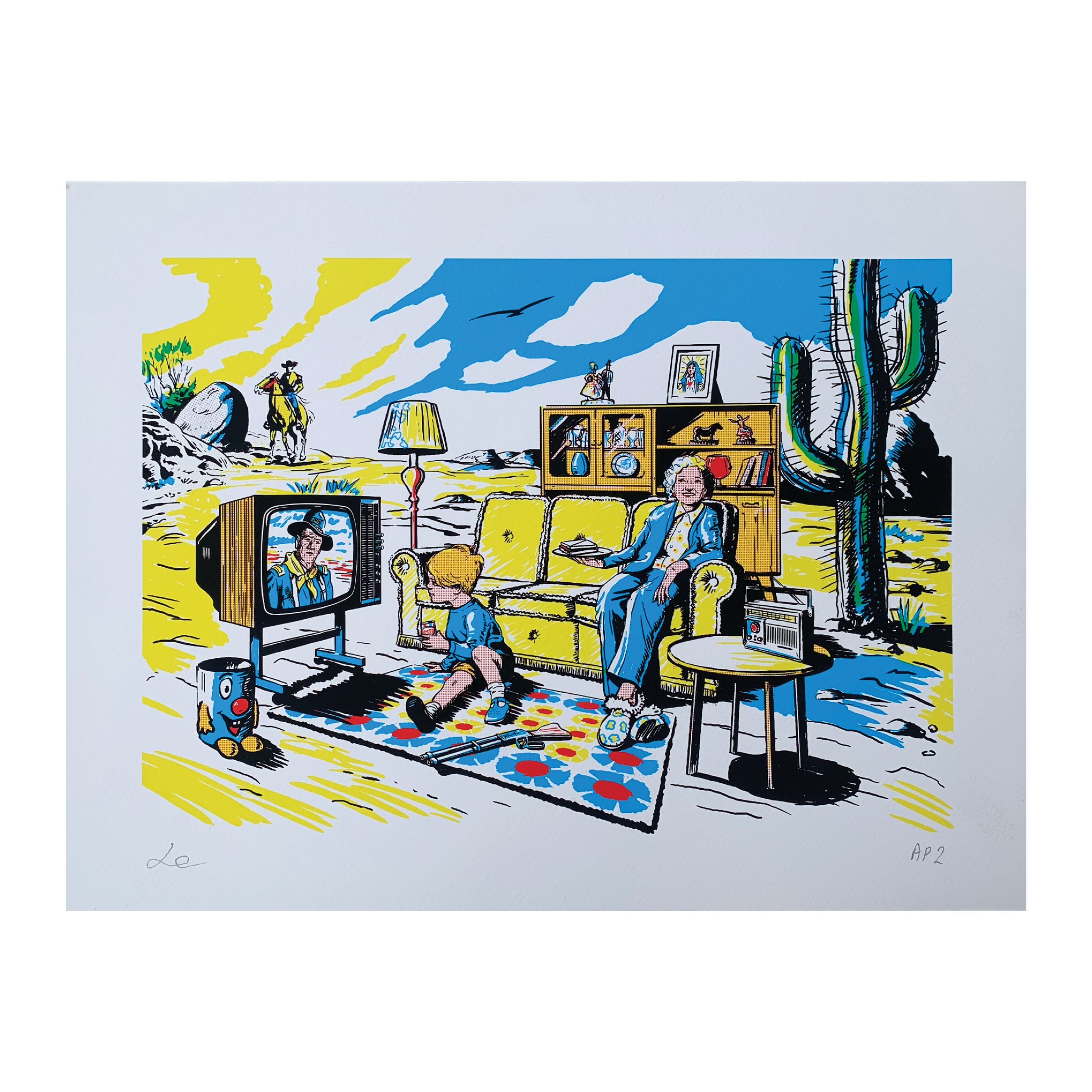 Colorful illustration of a living room scene with people, TV, and cacti.