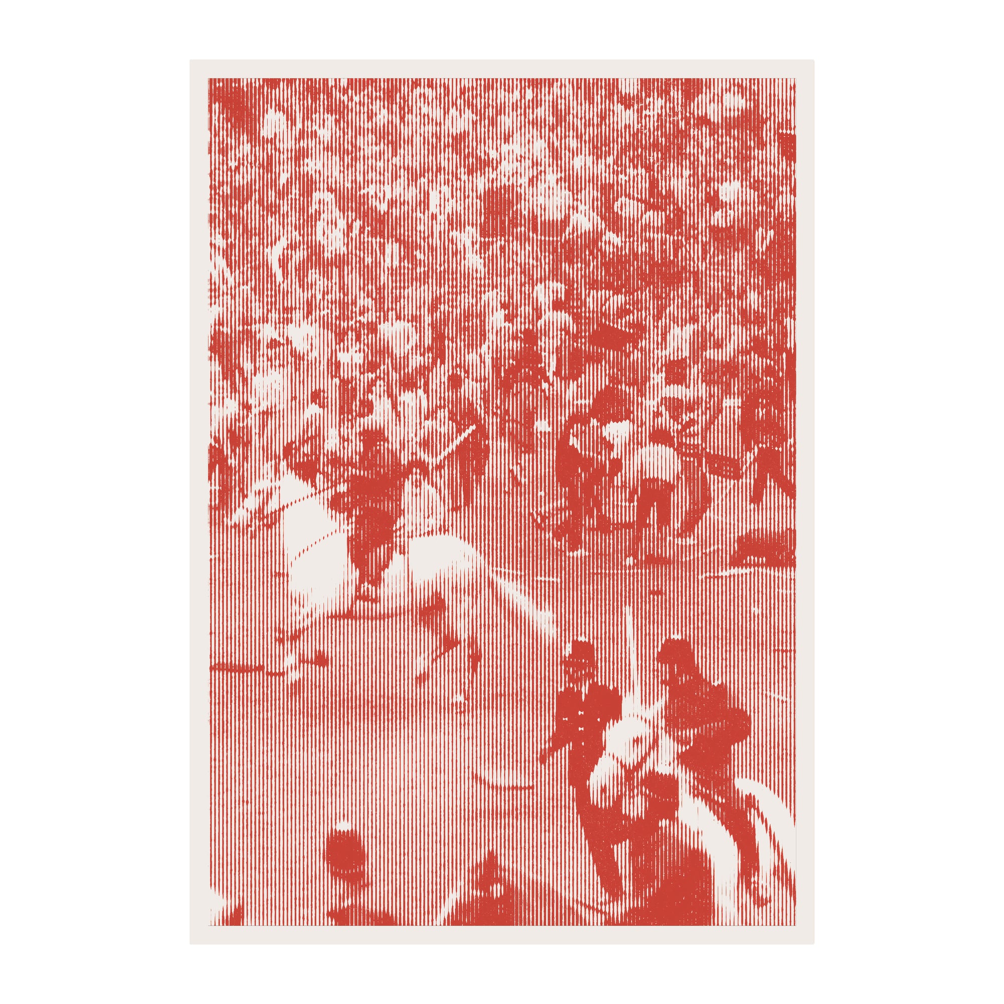 Illustration of a horse race with jockeys and spectators in red and white.