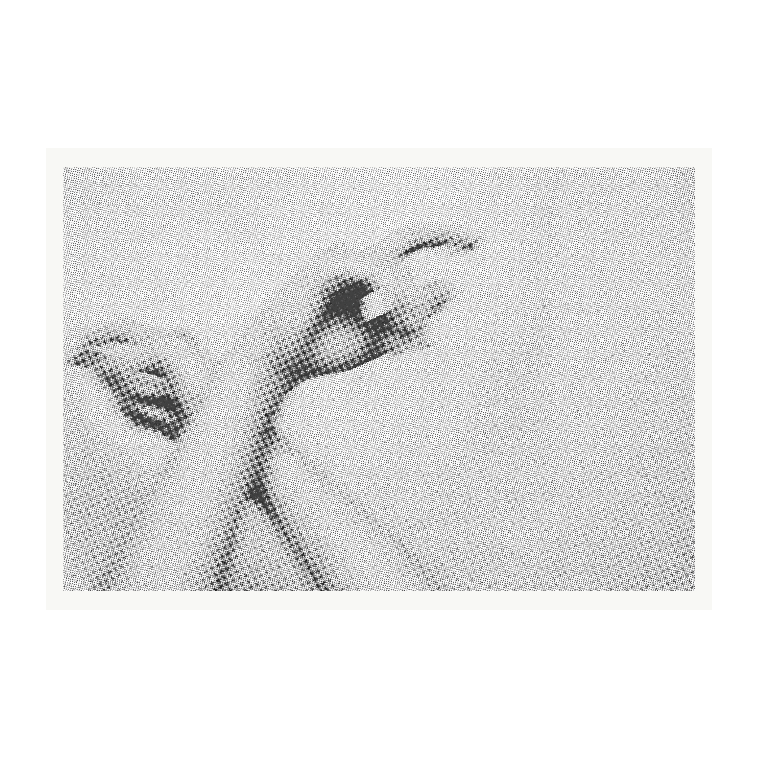 Black and white abstract art with blurred figures on a light background
