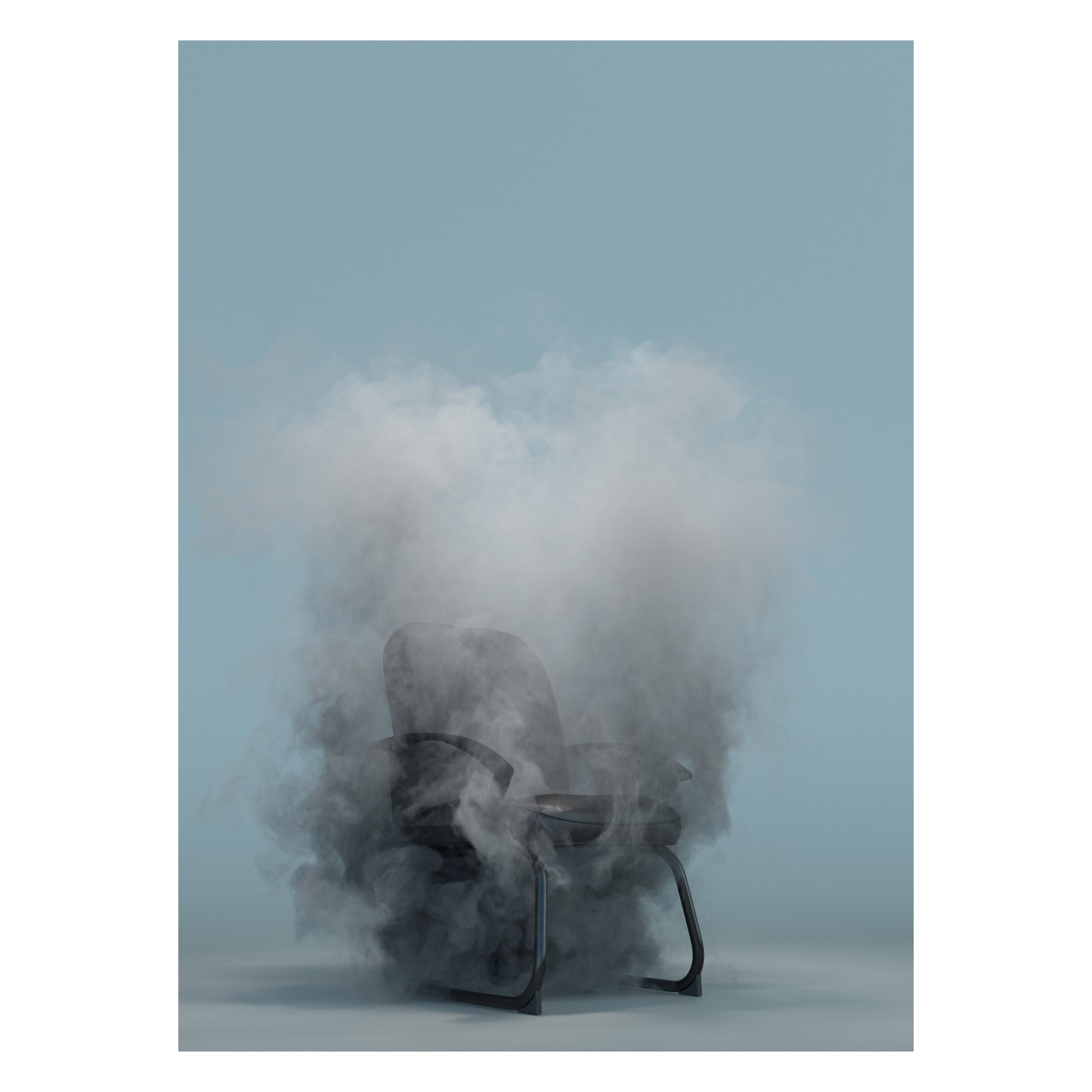 Chair partially obscured by smoke against a light blue background